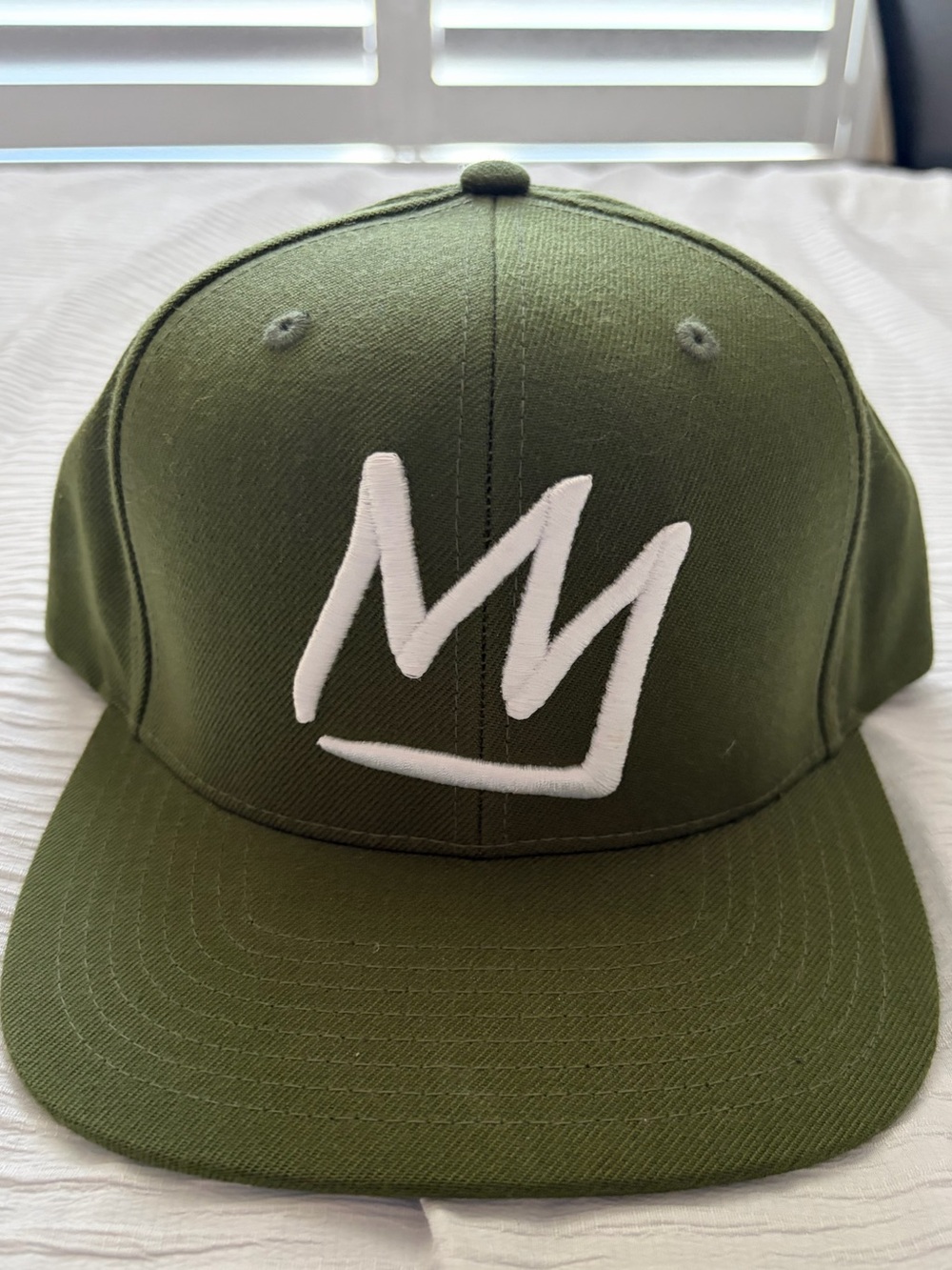 Olive Green Snapback Cap with White Script Crown Logo